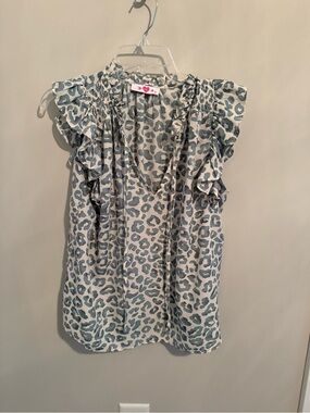 Buddy Love Blue and White Leopard Print Ruffle Sleeve Blouse